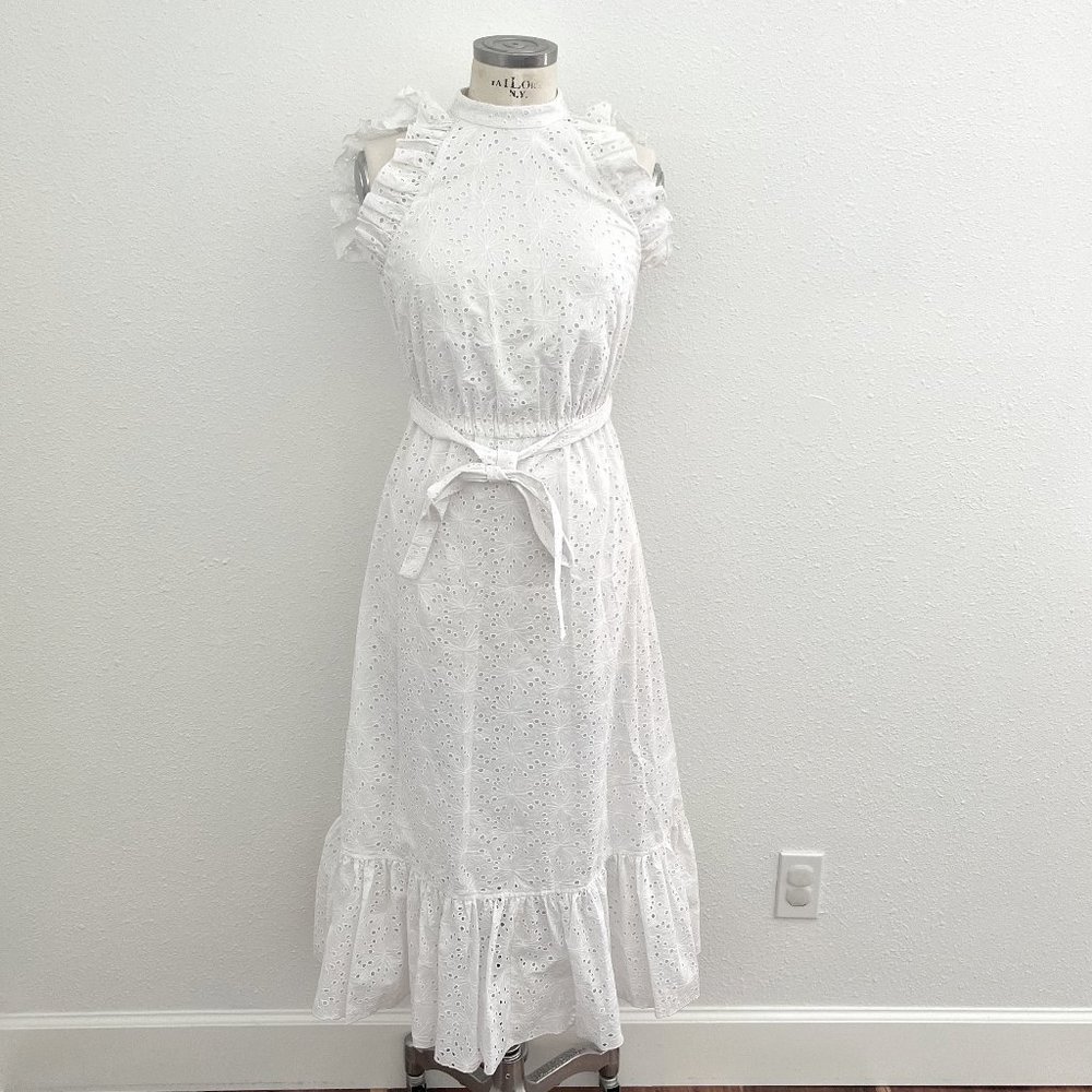 Robert Rodriguez White Bohemian Scarlett Midi Dress with Ruffles & Eyelets